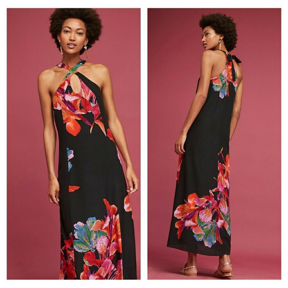 Maeve Black Maxi Dress with Red and Purple Floral Design